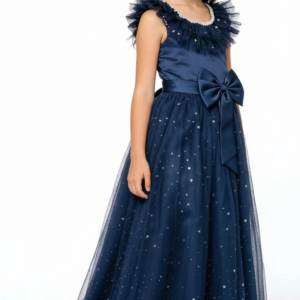 Starlight Navy Blue Pearl Tulle Party Gown for Girls